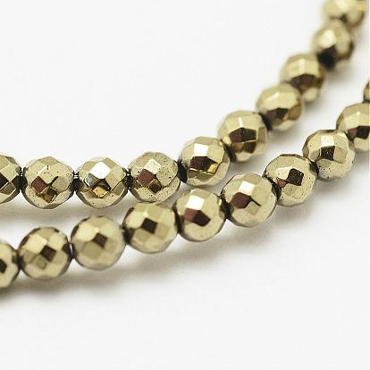 Perles d'hématite synthétique non magnétique ronde brins, l'imitation de la pyrite, facette