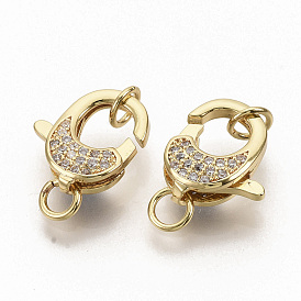 Brass Micro Pave Clear Cubic Zirconia Lobster Claw Clasps, with Jump Rings, Real 16K Gold Plated