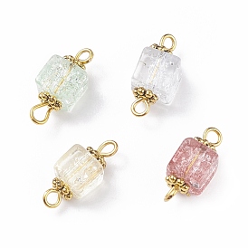 Crackle Glass Connector Charms, with Golden Tone Alloy Beads, Square