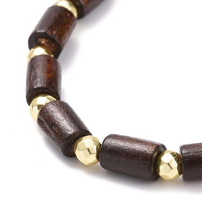 Natural Wood Tube Beads Stretch Bracelet, Non-magnetic Synthetic Hematite Round Beads Stone Bracelet for Men Women, Golden