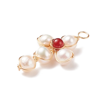 Natural Gemstone & White Freshwater Pearl Pendants, with Real 18K Gold Plated Copper Wire Wrapped, Cross