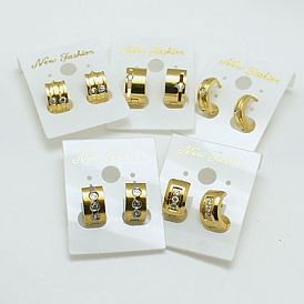 Fashion 304 Stainless Steel Huggie Hoop Earrings, with Rhinestones, Golden Plated, 12~12.5x13~13.5x4~9mm, Pin: 0.8mm