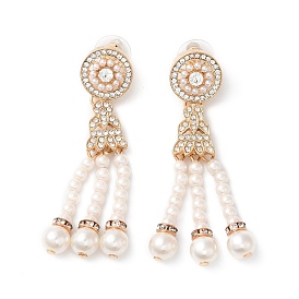 Rhinestone Flat Round with Plastic Pearl Tassel Chandelier Earrings, Alloy Long Drop Earrings for Women