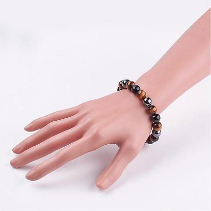Œil de tigre naturel et perles d'obsidienne bracelets élastiques, avec des non-magnétiques perles synthétiques d'hématite
