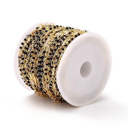Chaînes de perles en laiton faites à la main, avec maillons rectangles en zircone cubique et perles de verre colonne, plaqué longue durée, soudé, avec bobine, or