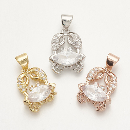 Brass Micro Pave Cubic Zirconia Pendants, Crab, Clear