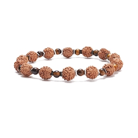 Bracelet perles mala, Bracelet extensible en perles naturelles de rudraksha et d'œil de tigre et d'hématite synthétique pour femme