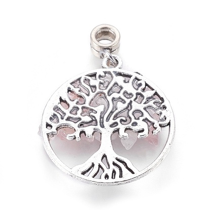 Alloy European Dangle Charms, with Natural Gemstone Chips, Flat Round with Tree, Antique Silver
