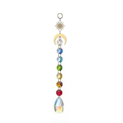 Ab couleur verre coeur larme ronde suspension suncatcher pendentif décoration, avec perle octogonale en verre et lien soleil & lune en laiton, pour la décoration intérieure