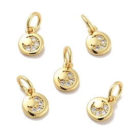Flat Round Brass Micro Pave Clear Cubic Zirconia Charms, with Jump Rings, Cadmium Free & Nickel Free & Lead Free