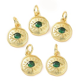 Brass Micro Pave Cubic Zirconia Pendants, with Jump Ring, Flat Round with Eye, Real 18K Gold Plated