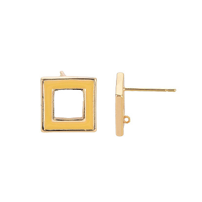 Brass with Enamel Earring Findings, with Loop, Nickel Free, Square, Golden
