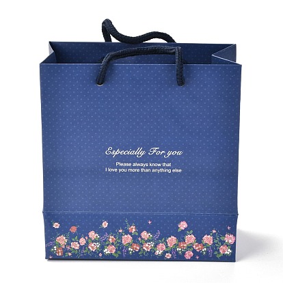 Sacs en papier rectangle, avec poignées en corde de coton et ruban bowknot, motif floral et mot, pour sacs-cadeaux et sacs à provisions