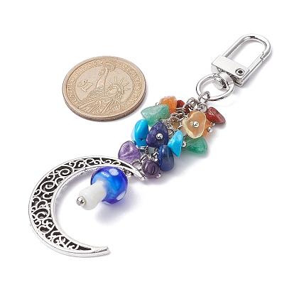 Hollow Moon Alloy Pendant Decoraiton, with Chakra Gemstone Chip and Mushroom Handmade Lampwork Beads, Alloy Swivel Clasps