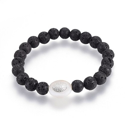 Bracelets extensibles en perles de lave naturelle, avec des perles de coquille d'eau douce, plat rond