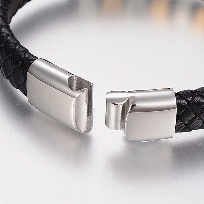 Bracelets cordon cuir tressé, avec 304 trouvailles de perles en acier inoxydable et fermoirs magnétiques