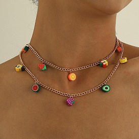 Sweet and Colorful Fruit Necklace with Double-layered Chunky Chains - Unique Soft Clay Jewelry for Women