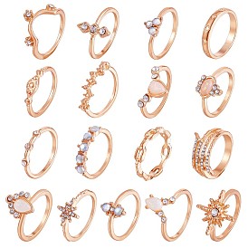 17Pcs 17 Style Crystal Rhinestone Teardrop & Star & Horse Eye Finger Rings Set, Alloy Stackable Rings for Women