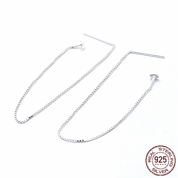 925 Sterling Silver Ear Stud Findings, with 925 Stamp, Ear Thread, with Box Chain