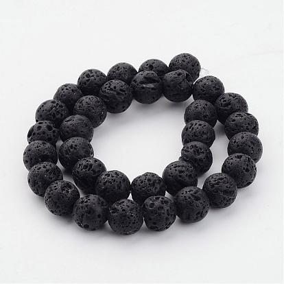 Brins de perles de pierre de lave naturelle, teint, ronde, noir, 12 mm de diamètre, Trou: 1mm