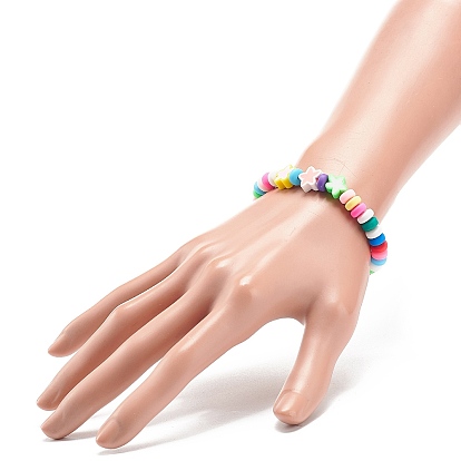 9Pcs 9 Style Handmade Polymer Clay Beaded Stretch Bracelets Set, Heart & Flower & Star & Fuit Beads Stackable Bracelets  for Kids