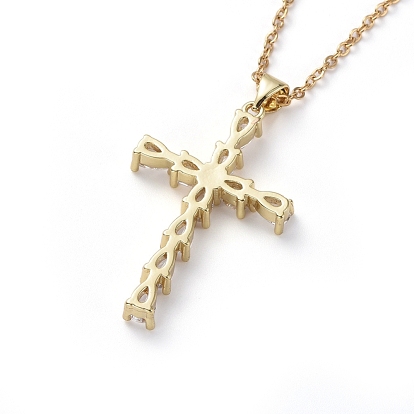 304 Stainless Steel Chain Necklaces, with Brass Cubic Zirconia Pendants, Cross