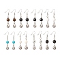 2Pair 2 Style Natural & Synthetic Mixed Stone with Yin Yang Long Dangle Earrings, Brass Jewelry for Women