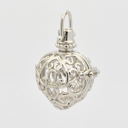 Filigree Heart Brass Cage Pendants, For Chime Ball Pendant Necklaces Making, 35mm, 29x25x20mm, Hole: 6x6mm