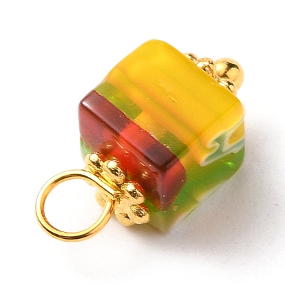Handmade Millefiori Glass Charms, with Alloy Spacer Beads and Brass Ball Head Pins, Cube