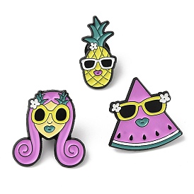 Cool Pineapple Watermelon Girl with Sunglass Enamel Pins, Black Alloy Brooch for Backpack Clothes