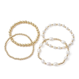 4Pcs 4 Style Natural Pearl & Brass Beaded Stretch Bracelets Set for Women