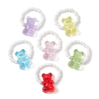 Acrylic Bear Stretch Rings, with Glass Seed Beaded