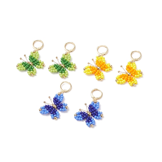 3 paires 3 boucles d'oreilles pendantes papillon tressées en verre coloré, bijoux en fil de laiton plaqué or pour femme