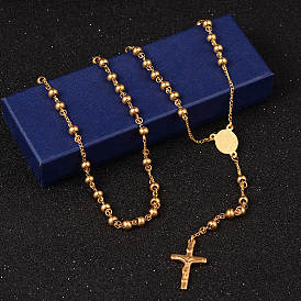 201 Stainless Steel Rosary Bead Necklaces, with Cross Pendant, For Easter