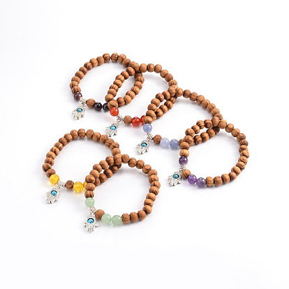 Bois perles bracelets extensibles, avec des perles de pierre gemme et hamsa de style tibétain main / main de fatima / main de charmes de miriam, 50mm
