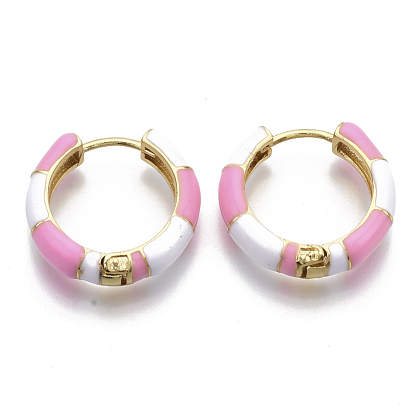 Brass Huggie Hoop Earrings, with Two Tone Enamel, Real 18K Gold Plated, Bamboo Shape