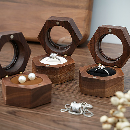 Hexagon Walnut Wood Magnetic Wedding Ring Gift Case, Clear Window Jewelry Box with Velvet Inside, for Rings