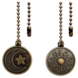 Alloy Ceiling Fan Pull Chain Extenders, Flat Round with Sun & Moon Pattern Pendant Decoration, with Iron Ball Chains