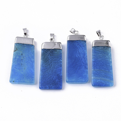 Top Platinum Plated Natural Agate Big Pendants, with Platinum Plated Iron Pinch Bail, Trapezoid