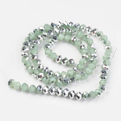 Electroplate Glass Beads Strands, Imitation Jade, Half Silver Plated, Faceted, Rondelle
