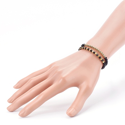 Ensemble de bracelets extensibles empilables à perles de verre opaque rondelle, avec des perles en laiton, facette, or