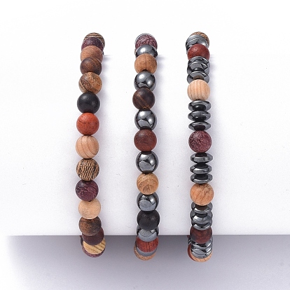 Набор стрейч-браслетов, штабелируемые браслеты, с деревянными бусинами и немагнитными бусинами из синтетического гематита, сумки мешковины