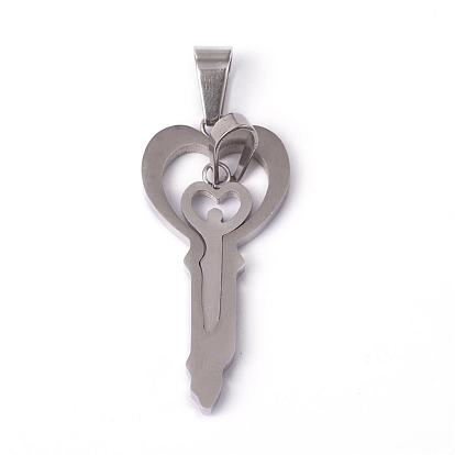 304 Stainless Steel Spray Painted Pendants, Couple Pendants, Skeleton key, with Rhinestone, For Valentine's Day, 39x18x2.5mm, 22x9x2mm, Hole: 4x7mm