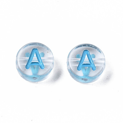 Transparent Clear Acrylic Beads, Horizontal Hole, Flat Round with Mixed Color Letter