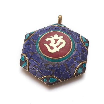 Polymer Clay Big Pendants, with Brass Findings, Hexagon with Ohm