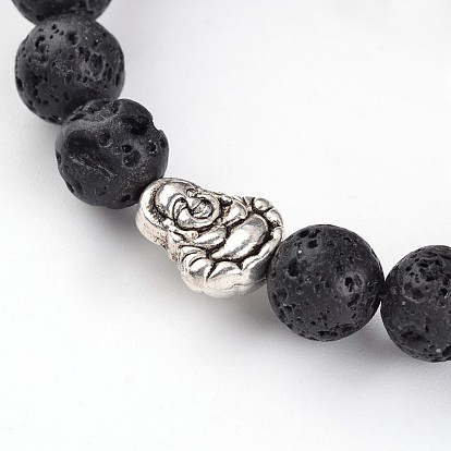 Buddha Head Natural Lava Rock Beaded Stretch Bracelets, with Tibetan Style Alloy Beads, 55mm