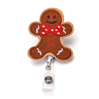 Christmas Gingerbread Man Felt & ABS Plastic Badge Reel, Retractable Badge Holder, with Iron Alligator Clip, Platinum