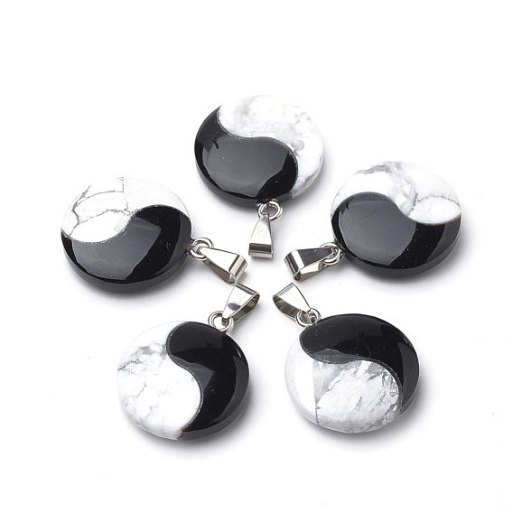 Flat Round Black Stone & Howlite Pendants, with Platinum Tone Brass Findings, 29.5x25x8.5mm, Hole: 3x9mm