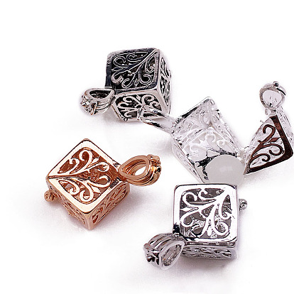 Brass Bead Cage Pendants, for Chime Ball Pendant Necklaces Making, Hollow Rhombus Charm