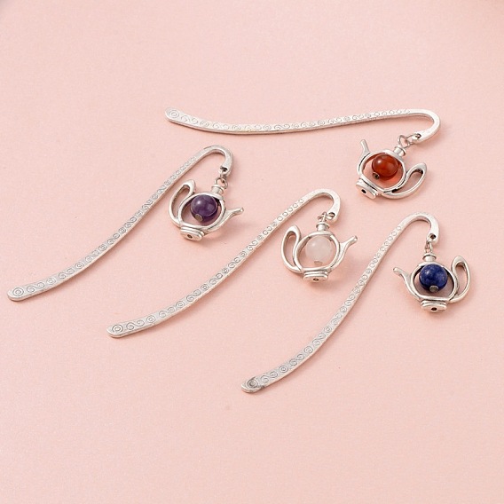 Antique Silver Plated Alloy Bookmarks, with Alloy Teapot Pendants and Gemstone Round Beads, 84x4mm